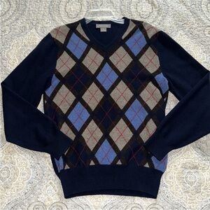 Daniel Cremieux 100% Cashmere Argyle V-Neck Sweater – Navy/Blue/Gray – Size S
